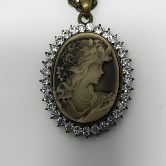 Frosted Victorian Lady Cameo Brooch 26" Necklace - Picture 2 of 5
